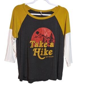 Ever Hottie Yellow and Gray Graphic Raglan Tee Take A Hike Girl Scouts Size XL